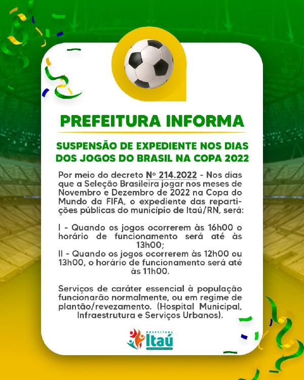 Decreto de funcionamento de serviços públicos em dias de jogos do Brasil na  Copa do Mundo do Qatar – Prefeitura de Lagoa de Itaenga